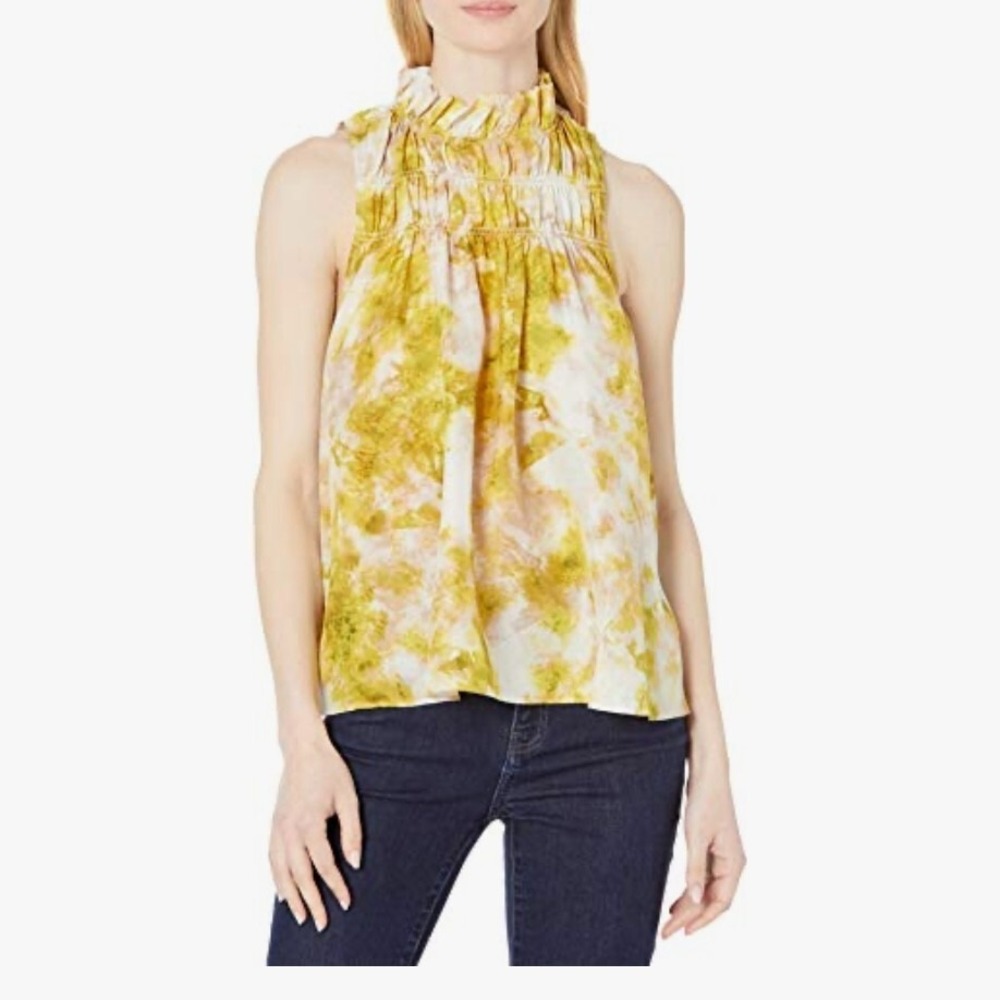 Joie New‎ Watercolor Quiet Luxury Chartreuse Boho Fest  Mock Neck Fern  Top XXL
